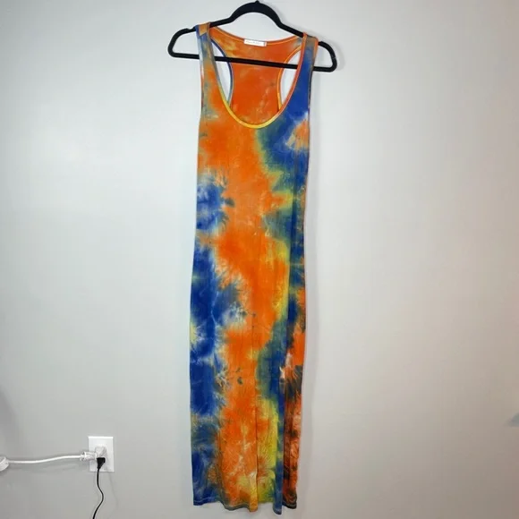 Heart & Hips Womens Dress Sz Medium Orange Blue Tie Dye Maxi - Picture 3 of 3